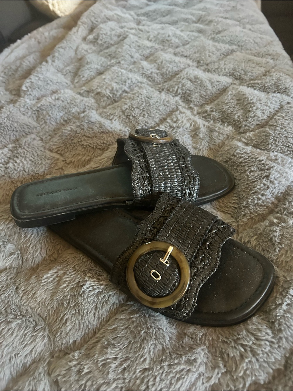 American Eagle Outfitters Black Woven Slide Sandals with Gold-Tone Buckle Accent